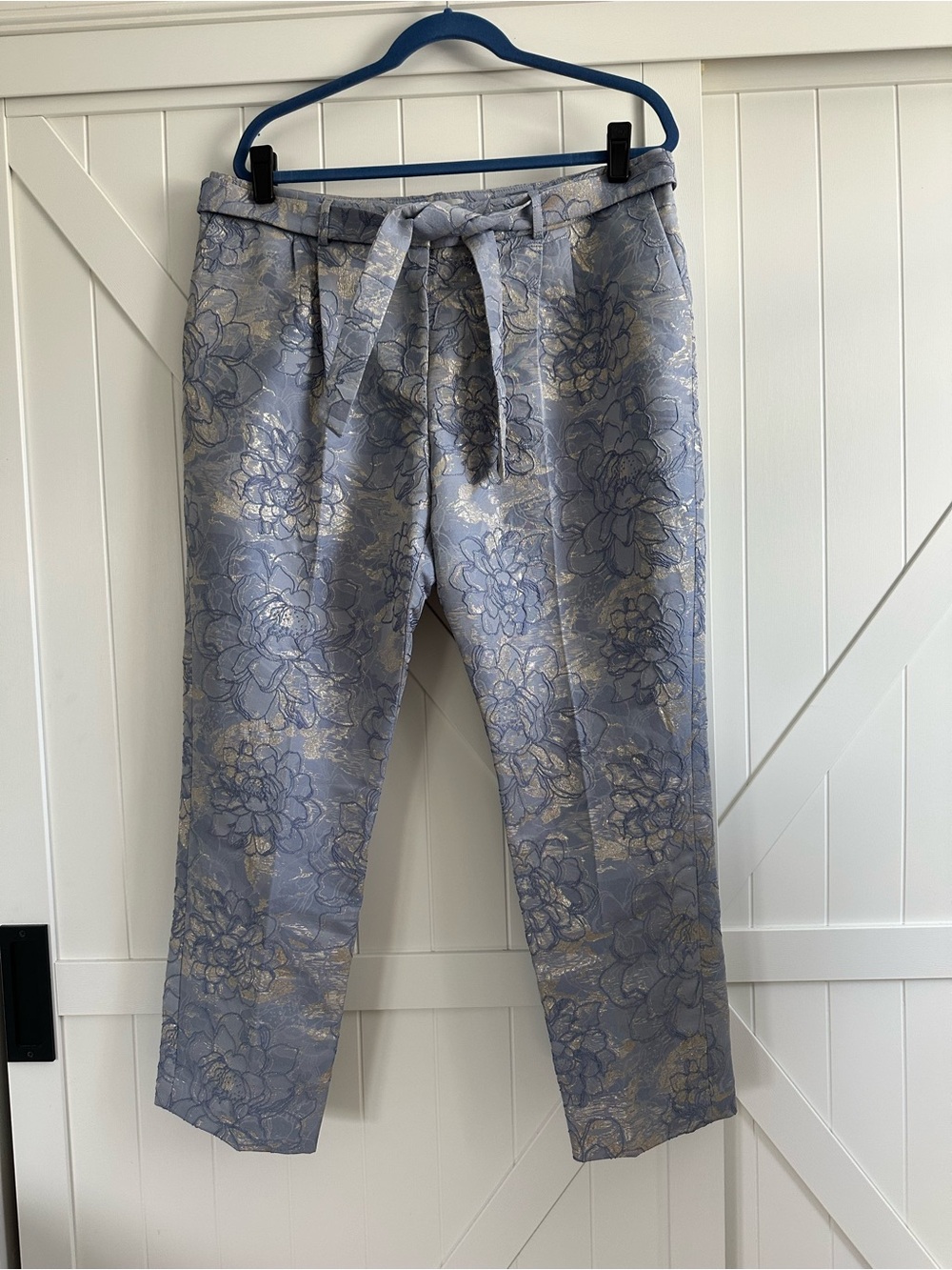 Tahari Arthur S. Levine Silver Blue Floral Metallic Pants Size 14 NWT
